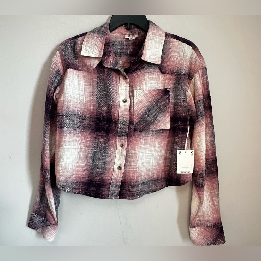 NWT a.n.a Button-Front Cropped Tilly Purple Plaid Shirt Jacket